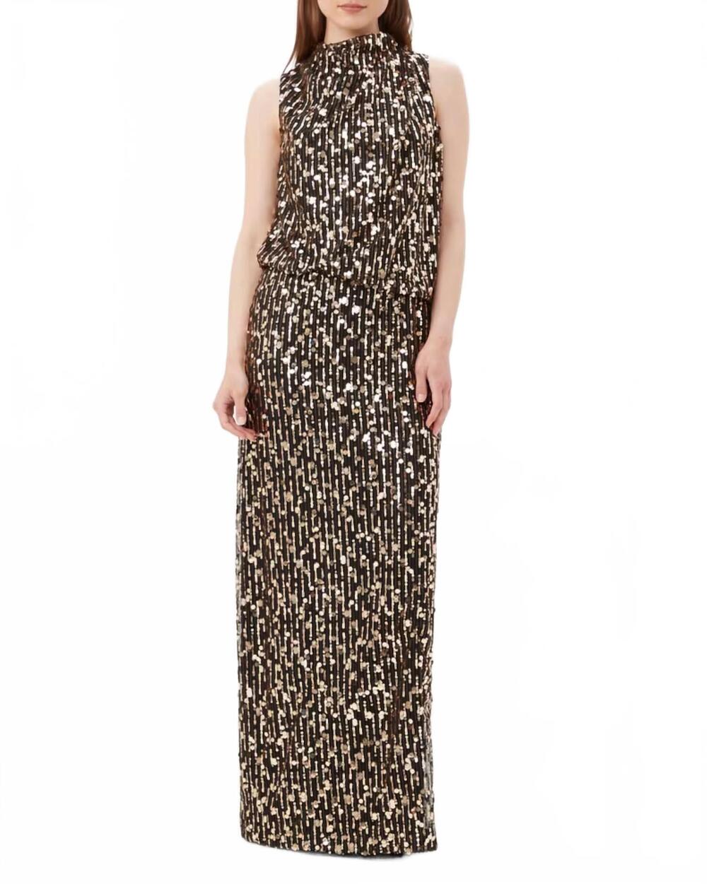 NEW TRINA TURK lenaya sequin maxi dress in black gold